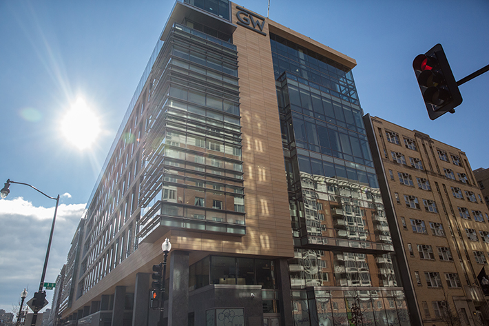 The glass facade of GW's Science and Engineering Hall, photographed by William Atkins for GW Today.