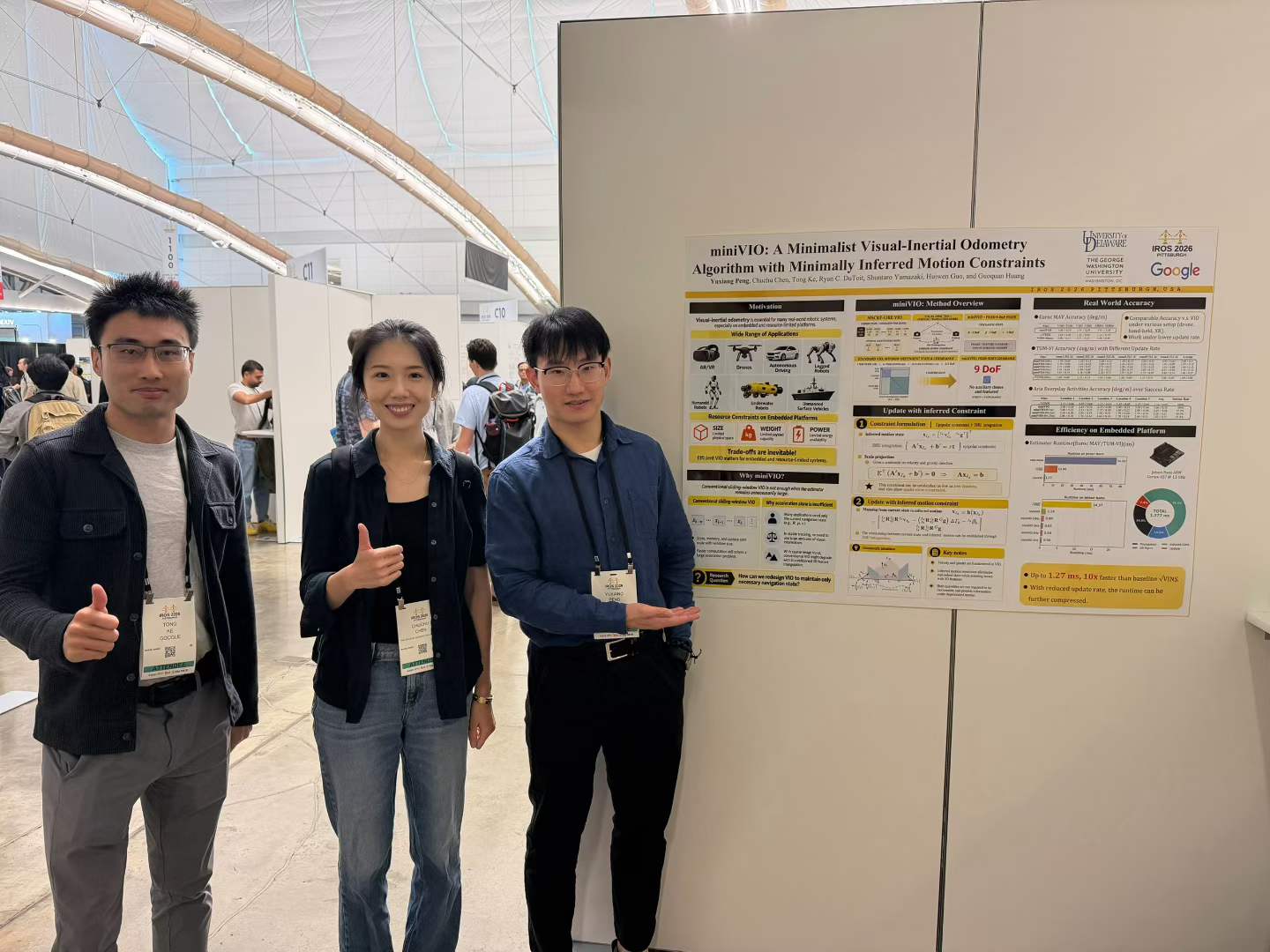 Chuchu Chen with colleagues beside the miniVIO poster at IROS 2026.