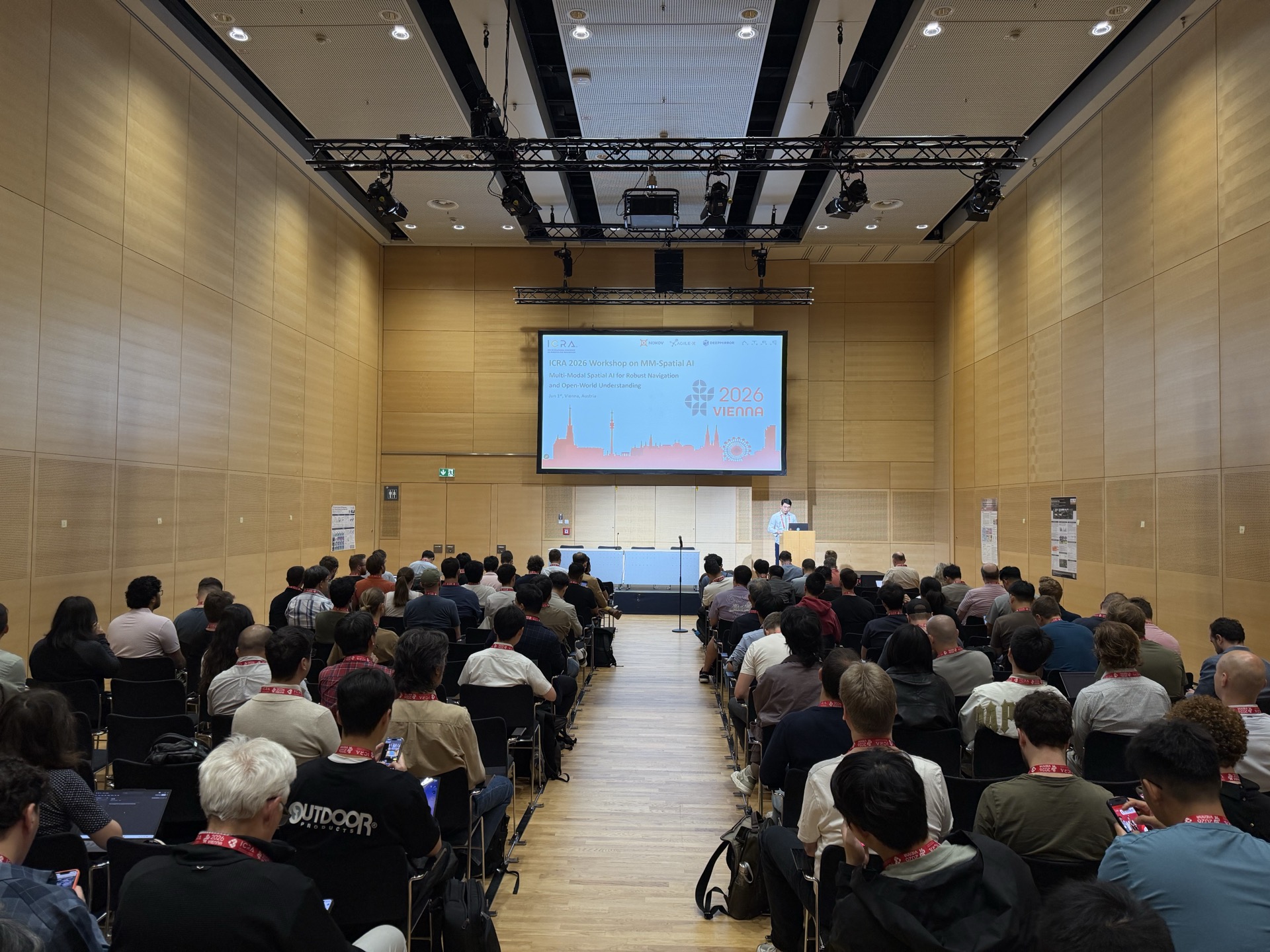 Audience and opening session of the Multi-Modal Spatial AI workshop at ICRA 2026 in Vienna on June 1.