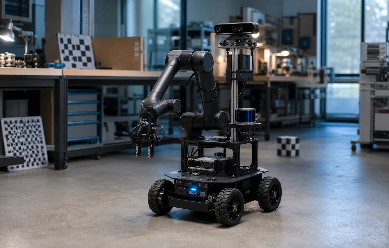 A mobile manipulator integrating cameras, lidar, an arm, and a wheeled base in a robotics laboratory