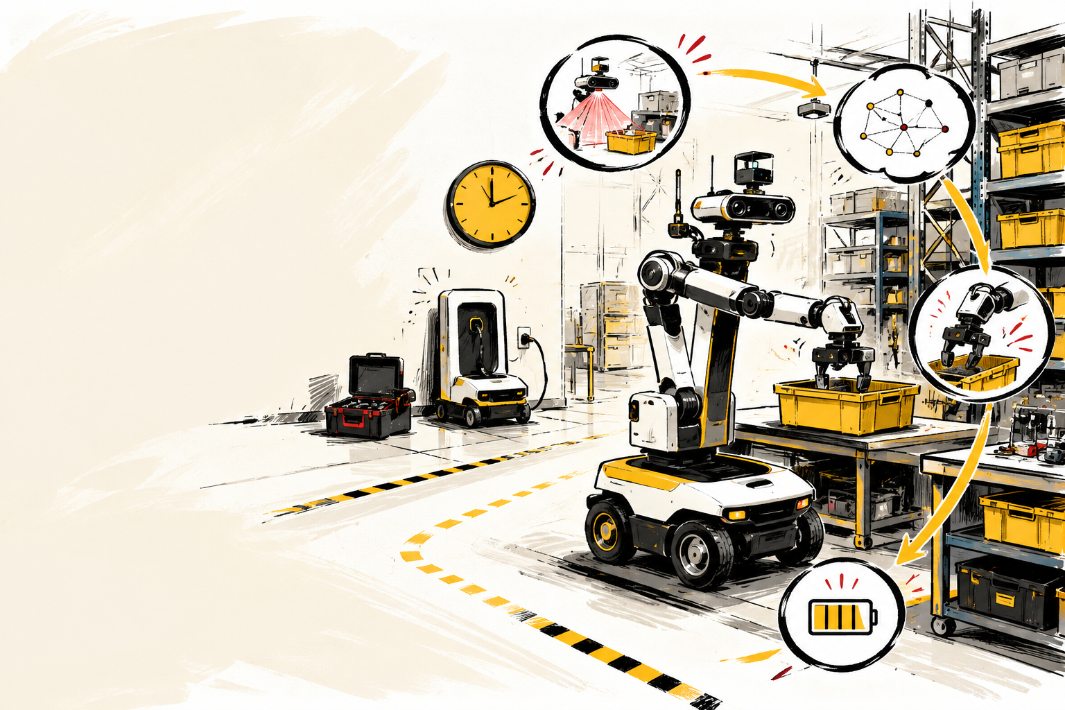 Robot working across a full shift in a human workplace